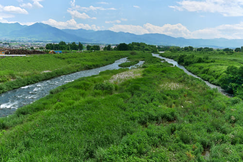 笛吹川と重川の合流地点